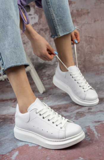 Günlük Sneaker Kadın Spor Ayakkabı Bağcıklı Beyaz