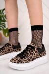Günlük Spor Ayakkabı Kadın Sneaker Bağcıklı Leopar Siyah-Beyaz-Kahverengi