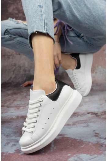 Günlük Sneaker Kadın Spor Ayakkabı Bağcıklı Beyaz-Siyah