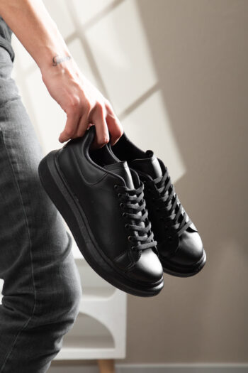 Günlük Kullanıma Uygun Erkek Sneaker Spor Ayakkabı Dikişli Bağcıklı Ortopedik Tabanlık (Siyah)
