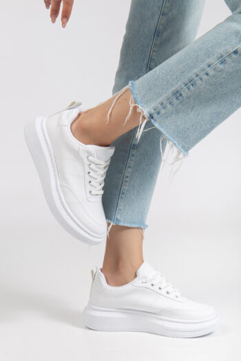 Aynalı Bağcıklı Kadın Spor Ayakkabı Günlük Kullanıma Uygun Sneaker Beyaz