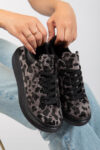 Günlük Spor Ayakkabı Kadın Sneaker Bağcıklı Leopar Siyah-Kahverengi