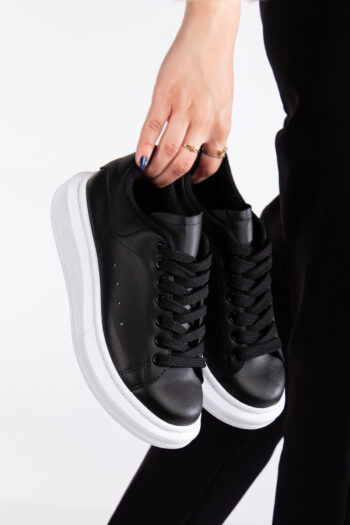 Günlük Sneaker Kadın Spor Ayakkabı Bağcıklı Beyaz-Siyah
