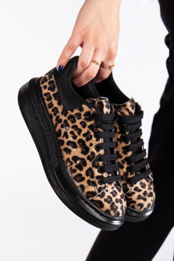 Günlük Spor Ayakkabı Kadın Sneaker Bağcıklı Leopar Siyah-Kahverengi