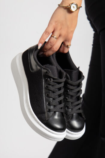 Günlük Sneaker Kadın Spor Ayakkabı Bağcıklı Beyaz-Siyah