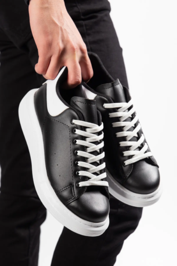Günlük Kullanıma Uygun Erkek Sneaker Spor Ayakkabı Dikişli Bağcıklı Ortopedik Tabanlık (Siyah & Beyaz)