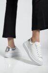 Günlük Sneaker Kadın Spor Ayakkabı Bağcıklı Beyaz-Gümüş