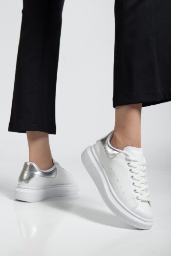 Günlük Sneaker Kadın Spor Ayakkabı Bağcıklı Beyaz-Gümüş