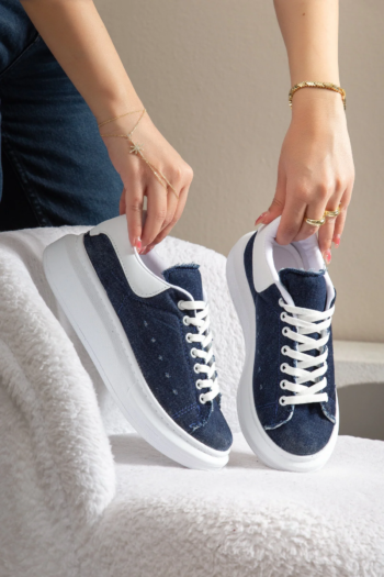 Günlük Kullanıma Uygun Dikişli Kadın Spor Ayakkabı Sneaker Bağlıklı Beyaz-Mavi Kot Ayakkabı