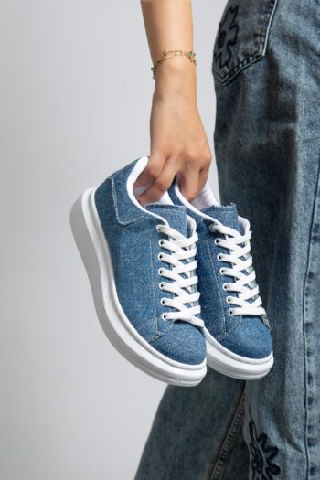Günlük Sneaker Kadın Spor Ayakkabı Beyaz Bağcıklı Kot Ayakkabı