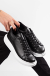 Günlük Kullanıma Uygun Erkek Sneaker Spor Ayakkabı Dikişli Bağcıklı Ortopedik Tabanlık (Siyaha Beyaz)