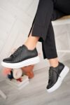 Günlük Kadın Spor Ayakkabı Sneaker Taşlı Bağcıklı Yerli Üretim Beyaz-Siyah
